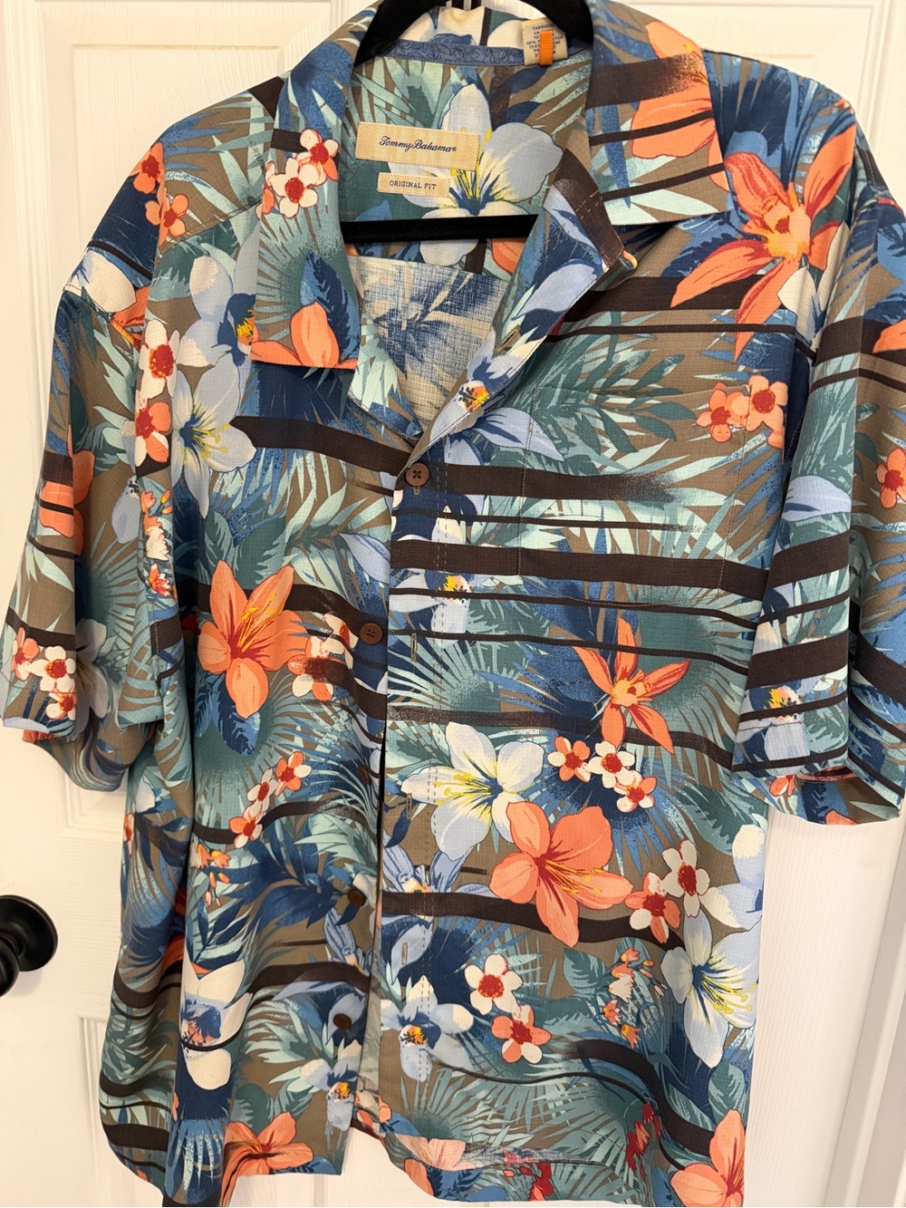 Tommy Bahama Silk Blend Floral Shirt — Blue, Brown & Coral Accents